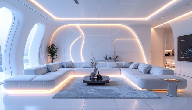 Interior perspective showcases a futuristic, minimalist living space, showcasing white furniture, a low profile coffee table, and integrated ambient lighting along curved walls.