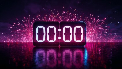 Digital Clock Strikes Midnight with Vibrant Fireworks Celebration Background.