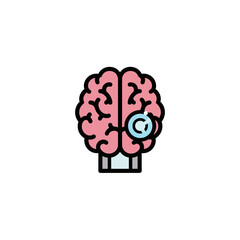 Stylized illustration of a pink human brain with a magnifying glass examining a section, representing medical research and cognitive analysis.