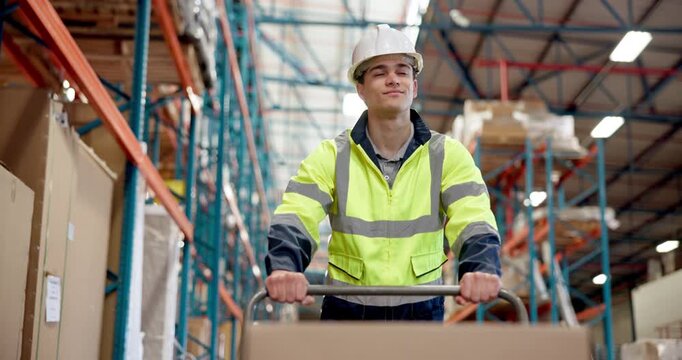 Logistics, man or walking with cart in warehouse to transport boxes, backlog control or delivery. Below, shipping picker or trolley in factory for inventory export, storage management or supply chain