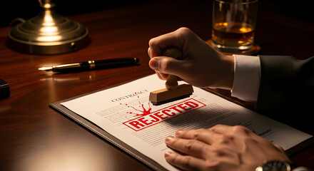 Rejected Contract: Hand Stamping Document with Negative Decision