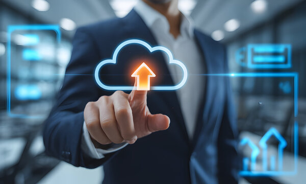 Businessman touching virtual cloud computing icon, symbolizing data storage and network technology.