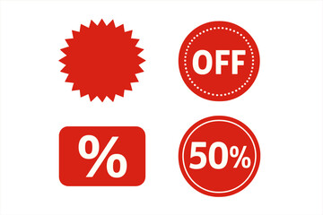 Red sale badges and discount stickers set. Vector illustration with up to 50 percent off, percentage signs, promotional price tags, marketing labels, and sale offer icons on transparent background.
