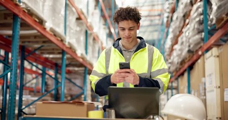 Manufacturing, smile and man with phone, warehouse or connection for schedule review. Supply chain, technology and employee in factory with smartphone, digital app or email for export or social media - Powered by Adobe