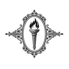 Vintage Torch with Flames in Ornate Oval Frame.
