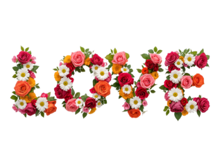 Word L O V E formed by colorful roses and daisies isolated on a transparent background