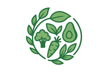 Vegan food emblem with avocado, carrot, broccoli and green leaves. Vector illustration, transparent background, healthy plant-based diet symbol, organic vegetarian concept