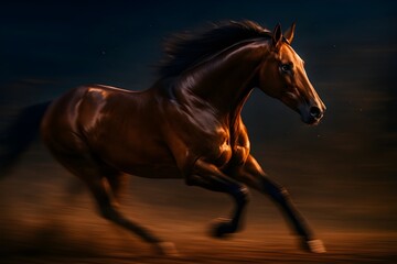 Dynamic Action Portrait of a Majestic Chestnut Horse Galloping with Motion Blur