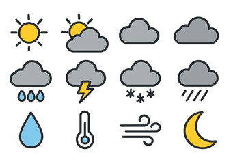 Weather forecast icons set, vector illustrations with sun, cloud, rain, lightning, snow, wind, temperature, water drop, moon, transparent background, meteorological symbols collection