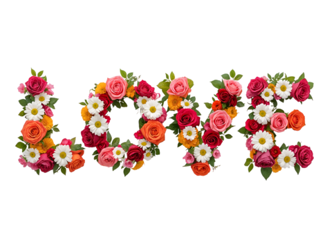 Word L O V E formed by colorful roses and daisies isolated on a transparent background