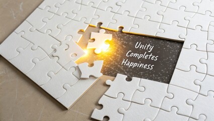 Inspirational Puzzle Piece Symbolizes Connection and Joy with Quote on Unity Completes Happiness in Bright Light
