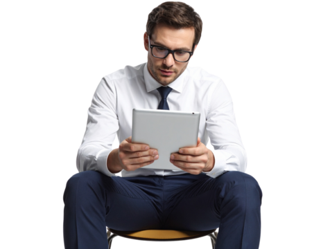 Focused Man Using Digital Tablet, Front View, Isolated on Transparent Background