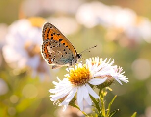 Obraz premium Close-up of a butterfly perched on a flower. Soft focus background