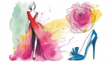 Fashion illustration of red dress, blue shoe, and pink rose
