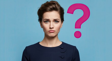 Confused businesswoman with a large pink question mark pondering a difficult decision, conveying uncertainty and doubt in a professional setting.