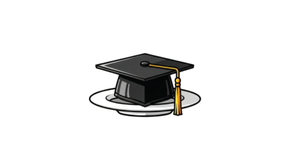 academic graduation cap with a gold tassel served on a white dinner plate.