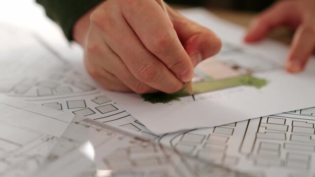 A video of architect with triangle ruler and pencil to measure blueprint. Architect designing house construction on a table at studio, architectural plan scattered around. Focus on hand. Delineation.