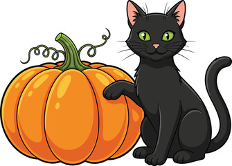 Halloween cartoon illustration, black cat with pumpkin, autumn holiday vector, spooky cute character design, festive clipart, seasonal decoration graphic, playful fall artwork