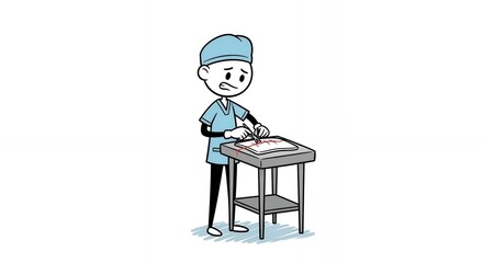 Fototapeta premium Distressed Surgeon Stickman Figure Performing Operation in Blue Scrubs Against White Background Depicting Medical Crisis Emergency and Healthcare Challenge Stick Figure Cartoon Isolated on White