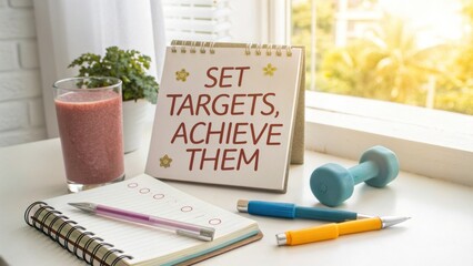 Inspirational Desk Setup with Motivational Quote and Healthy Lifestyle Elements for Productivity Enhancement