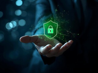 Digital shield and unlocked padlock symbol hovering over open hand