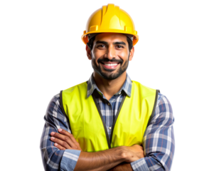 Smiling Male Construction Worker Wearing Helmet, Front View, Transparent Background