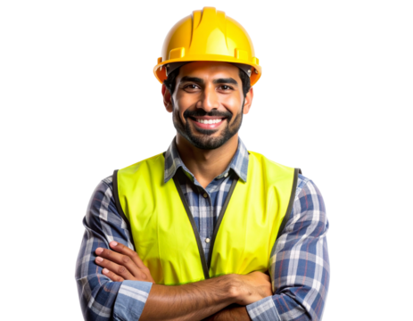 Smiling Male Construction Worker Wearing Helmet, Front View, Transparent Background