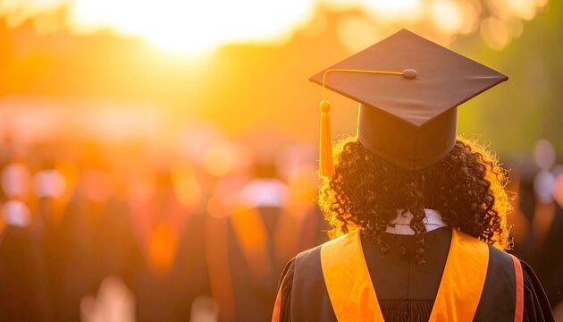 Estudiante con birrete y toga durante ceremonia de graduación al atardecer, símbolo de logro académico y nuevos comienzos