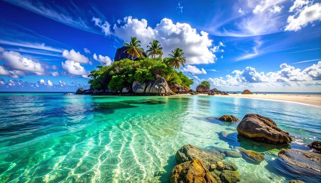 青空と南の島とエメラルドグリーンの海。AIで生成