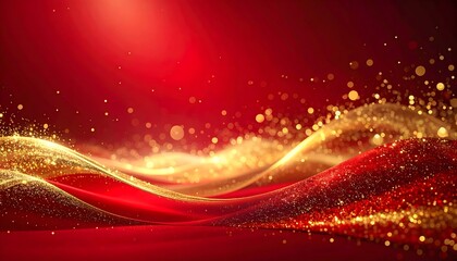 Fototapeta premium Fondo abstracto rojo y dorado con ondas brillantes y partículas luminosas, concepto de lujo, celebración y energía festiva