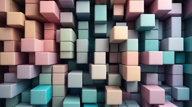 Composici&oacute;n abstracta de cubos tridimensionales en tonos pastel, dise&ntilde;o geom&eacute;trico moderno con profundidad y textura visual