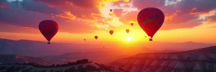 Breathtaking Sunset Hot Air Balloon Flight Graceful Balloons Soaring Over Vibrant Landscape, Casting Long Shadows, Inspiring Freedom and Serenity