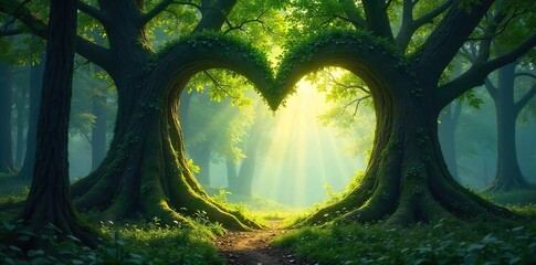 Heart-Shaped Ancient Trees in a Mystical Forest Sunlight Dapples Through Leaves, Creating a Magical and Serene Atmosphere, Perfect for Fantasy and Fairytale Themes.