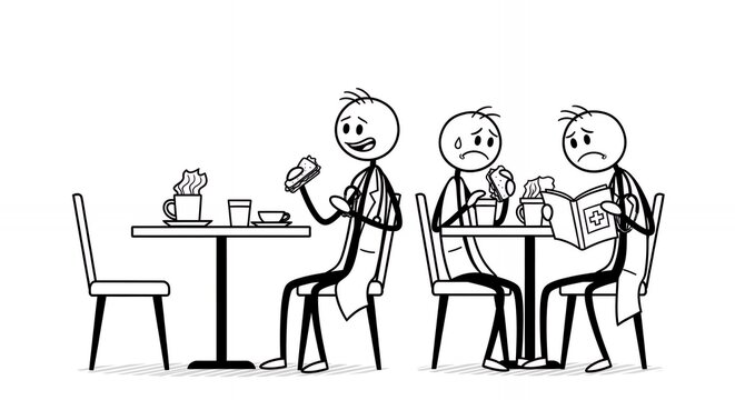 Irritated Stick Figures in a Cafe Cartoon Style Illustration with White Background Depicting Discomfort and Displeasure Over Eating and Reading Newspaper Creating a Vexed Atmosphere Expressing