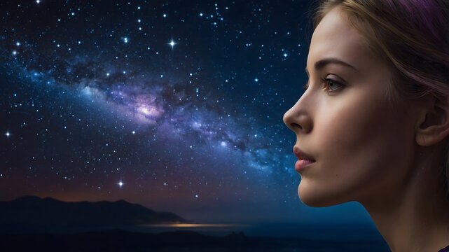 Rostro de mujer mirando el cielo estrellado con la V&iacute;a L&aacute;ctea al fondo, s&iacute;mbolo de introspecci&oacute;n, sue&ntilde;os y conexi&oacute;n con el universo