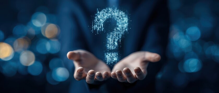 The Question Mark Hologram Floating Above Open Hands Against Blurred Lights