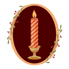 Striped festive candle with flame in golden holder and floral frame