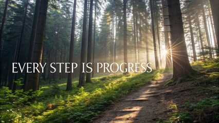 Tranquil Forest Path with Inspirational Quote Emphasizing Progress and Nature's Beauty in Sunlit Woodland