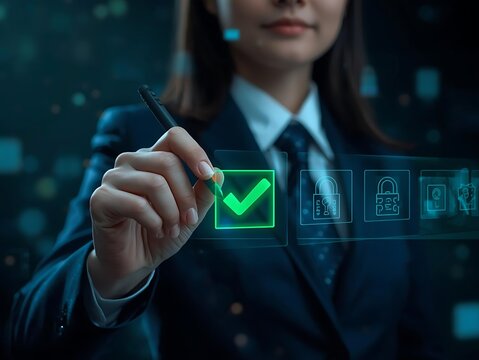 Businesswoman approves digital checklist with glowing green checkmark on futuristic interface - Powered by Adobe