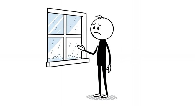 Melancholic Stick Figure Patient Gazing Out Window in Hospital Room Depicting Loneliness and Isolation Against a Plain White Backdrop in Cartoon Style Animation Loneliness Concept More Than 170