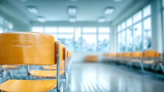 Empty Classroom: Rows of neat, wooden chairs stand in a bright classroom, illuminated by natural light pouring through expansive windows. This space is poised for learning.