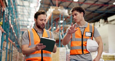 Men, talk and tablet for logistics with warehouse inspection, inventory management or instructions for supply chain. People, digital checklist or online distribution log with team discussion at plant - Powered by Adobe