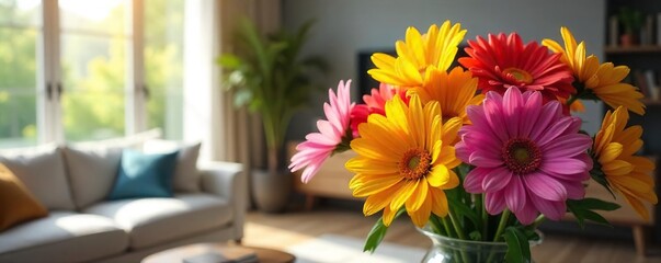 Vibrant Flower Bouquet in Modern Living Room Sunlight Illuminates Fresh Petals, Adding Natural Beauty to Contemporary Winter Interior