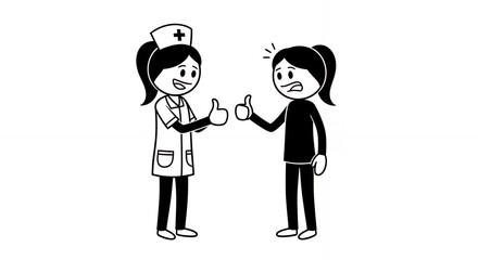 Obraz premium Nurse Provides Thumbs Up Gesture to Patient Stick Figure Cartoon on White Background A Nurse Character with a Hat and Uniform and a Patient Character Expressing Discomfort in a Medical Setting