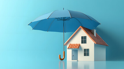 A 3D model of a house under a blue umbrella, representing renters� home insurance or mortgage protection.