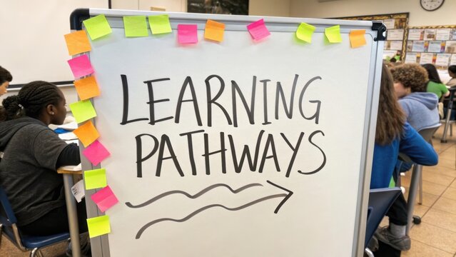 Engaging Classroom Environment with Learning Pathways for Students and Bright Colorful Sticky Notes on Whiteboard