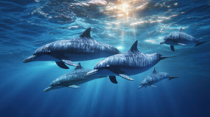 Naklejka premium Dolphin pod swimming beneath glassy ocean surface with caustic light, peaceful marine life, blue water, sunlight rays