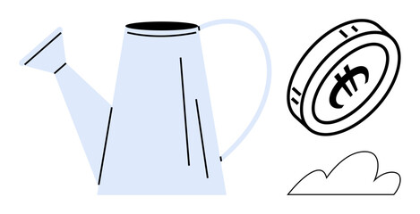 Metal watering can, bitcoin coin, and a small cloud emphasizing financial growth, digital investment, cryptocurrency savings, management strategies, fintech development, wealth planning, modern