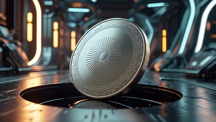 Realistic futuristic coin with classic pattern sinking into a dark hole, surrounded by glass and robotic elements. Generated AI image.