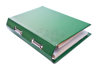 Green ring binder with metal rings and stacked paper inside cover isolated on a transparent background